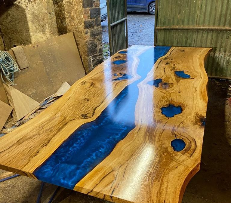 Oak Dining Table with Blue Resin River